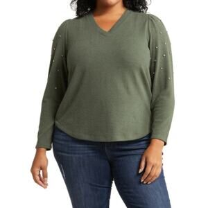 Democracy fleece Vneck shirt top long sleeve Large Green Rhinestone